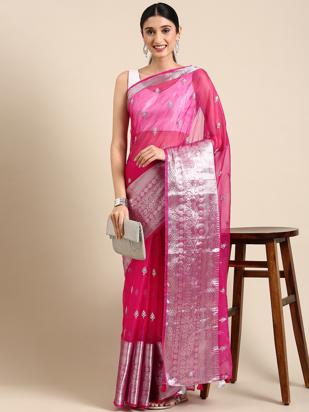 

MARGI DESIGNERS Ethnic Motifs Embroidered Organza Banarasi Saree, Pink