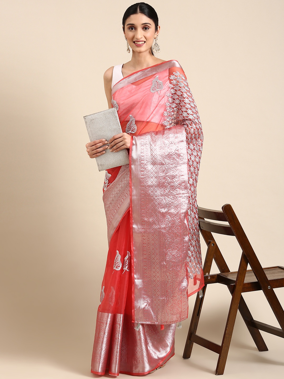 

MARGI DESIGNERS Ethnic Motifs Embroidered Organza Banarasi Saree, Pink