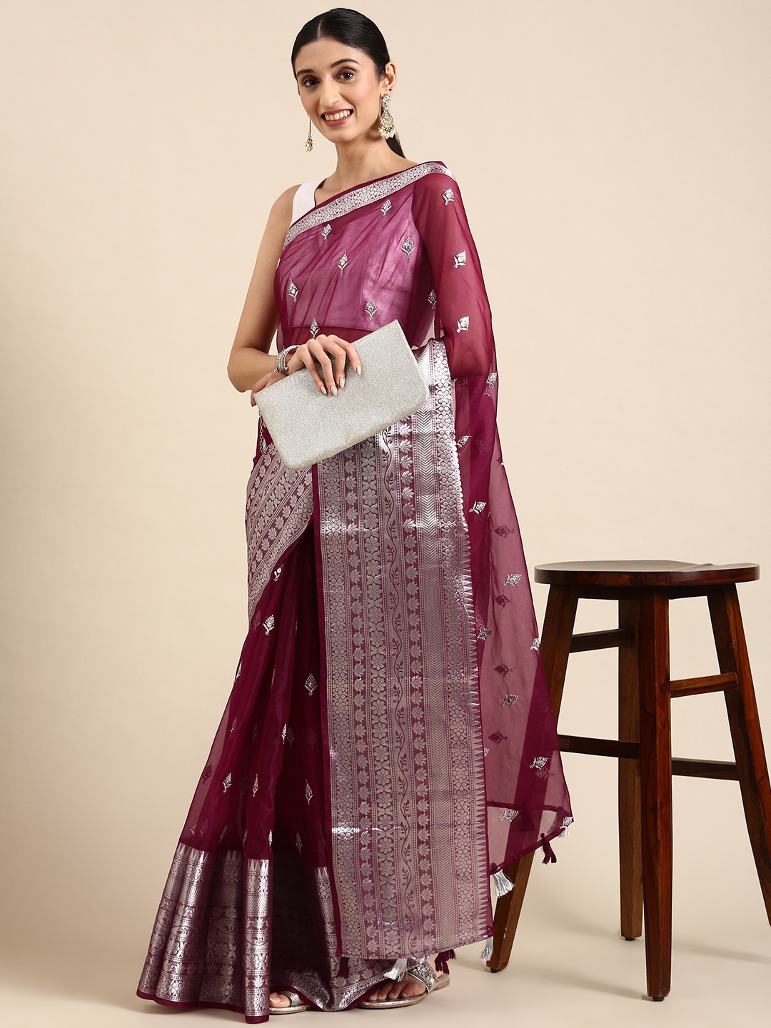 

MARGI DESIGNERS Ethnic Motifs Embroidered Organza Banarasi Saree, Purple