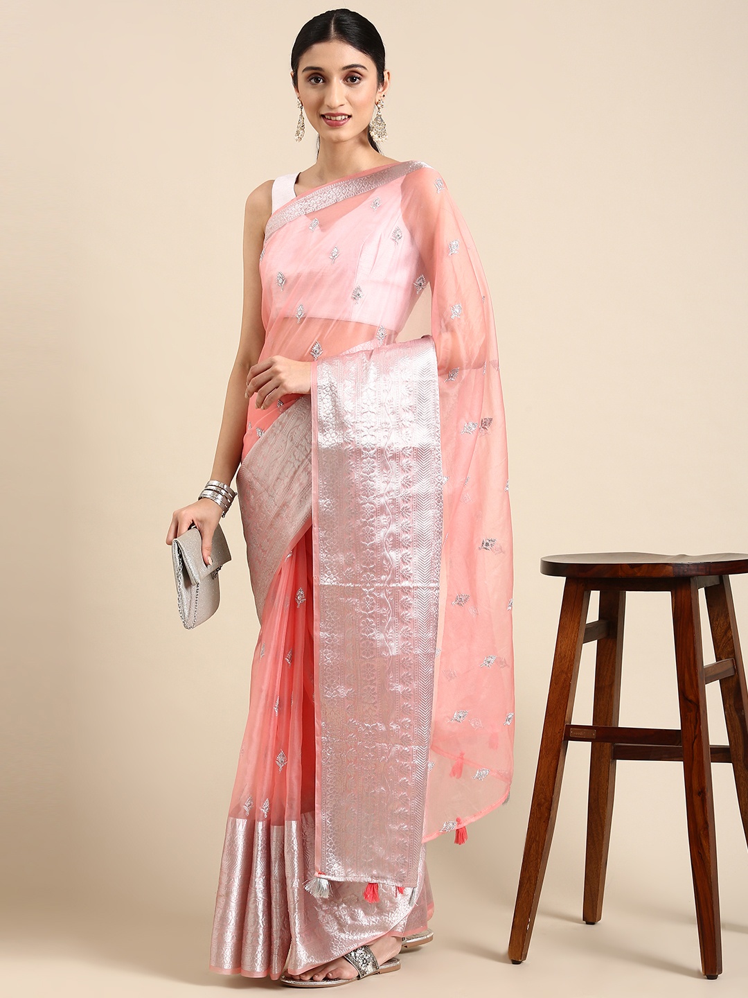 

MARGI DESIGNERS Ethnic Motifs Embroidered Organza Banarasi Saree, Pink