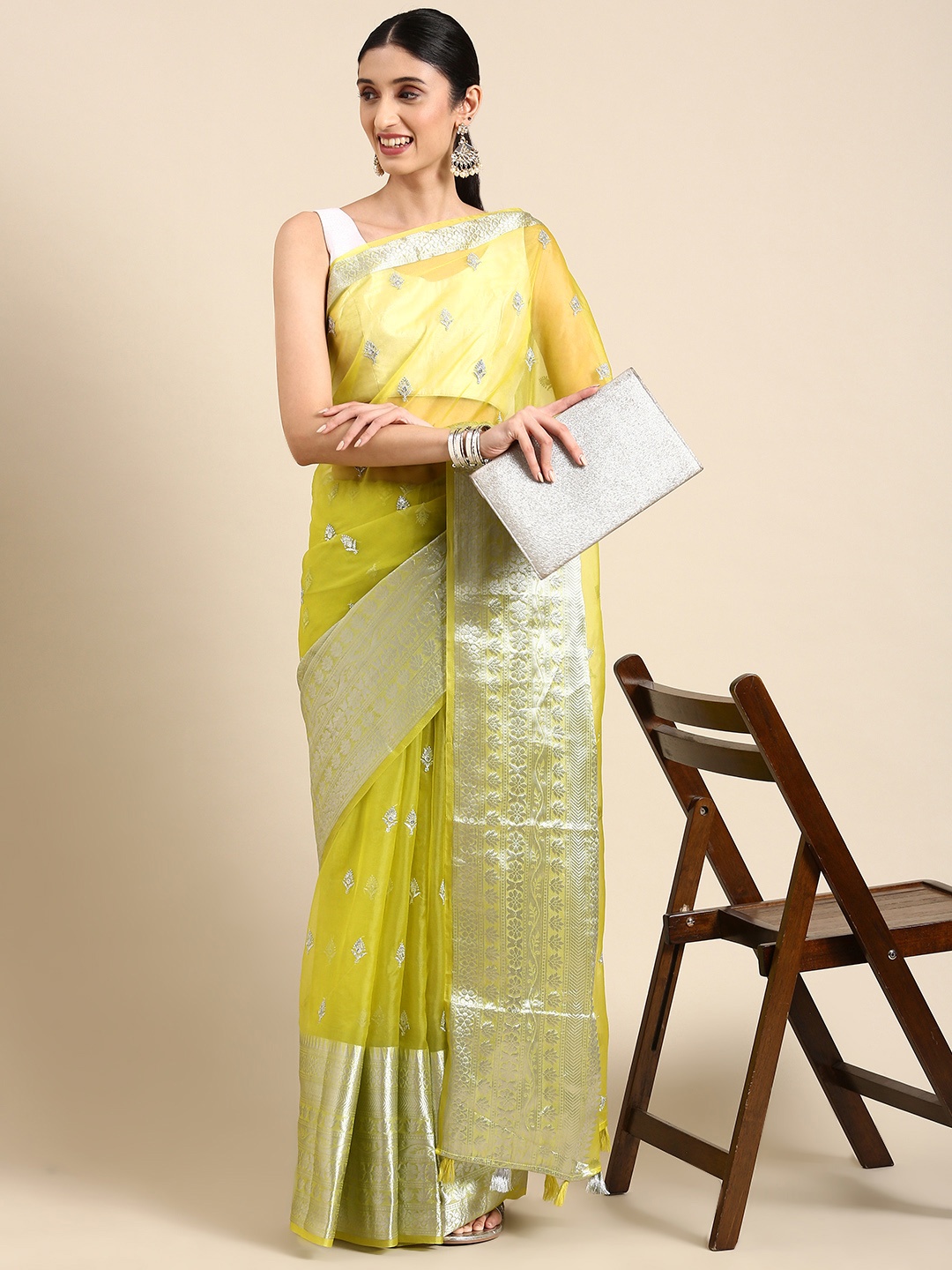 

MARGI DESIGNERS Ethnic Motifs Embroidered Organza Banarasi Saree, Yellow