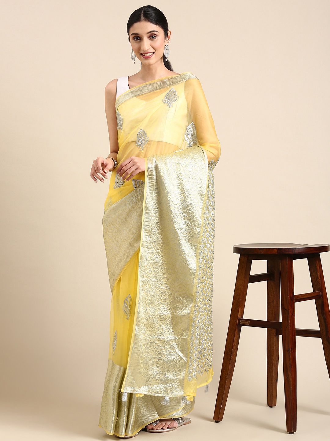 

MARGI DESIGNERS Ethnic Motifs Embroidered Organza Banarasi Saree, Yellow