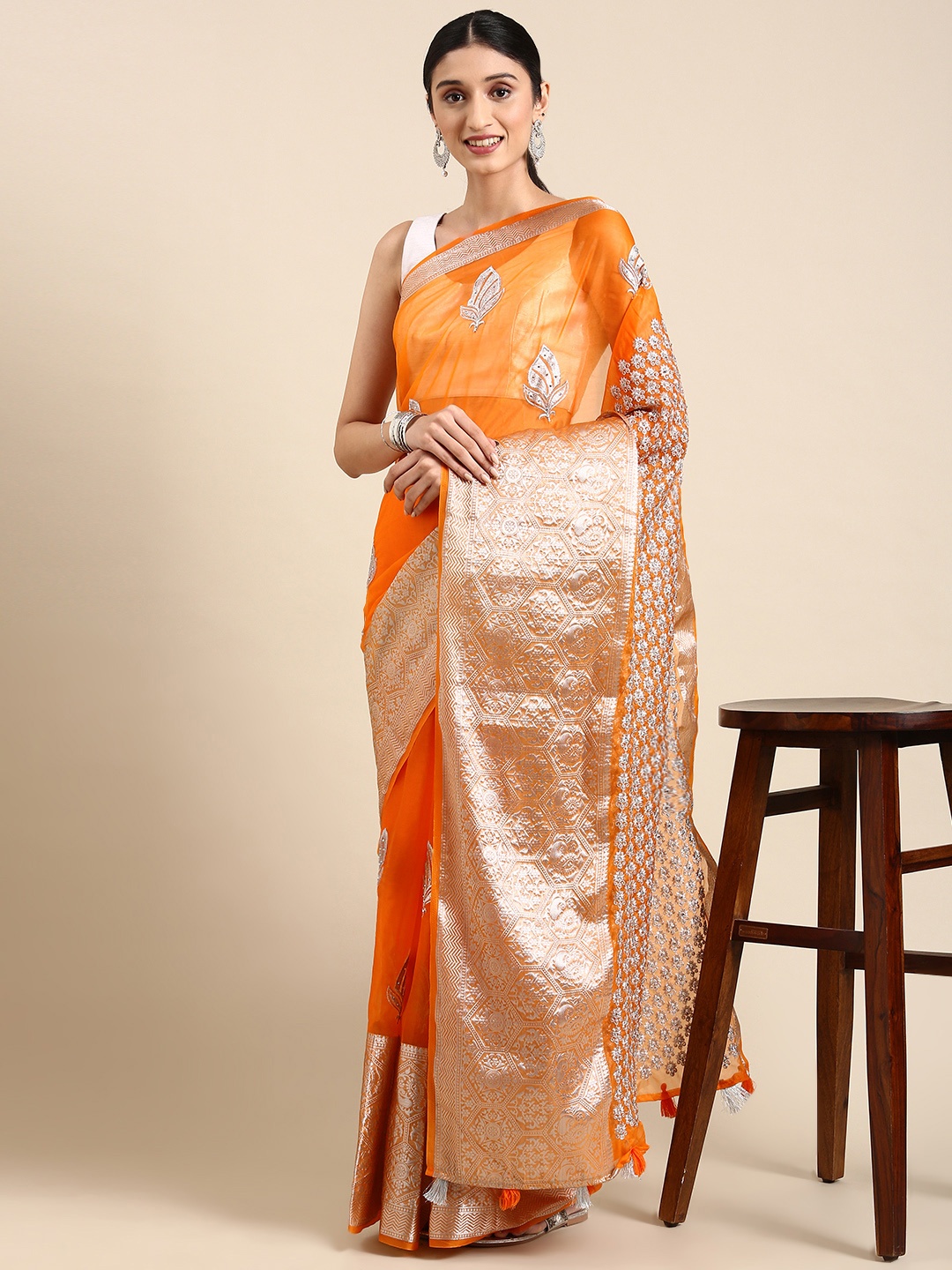 

MARGI DESIGNERS Ethnic Motifs Embroidered Organza Banarasi Saree, Orange