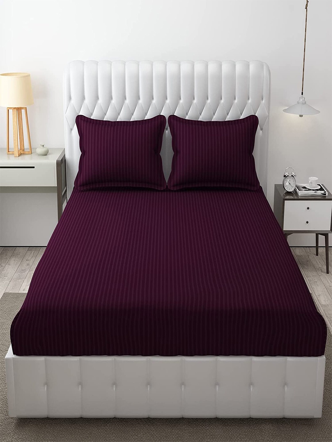 

Hammer Home Purple Striped 200 TC King Bedsheet with 2 Pillow Covers
