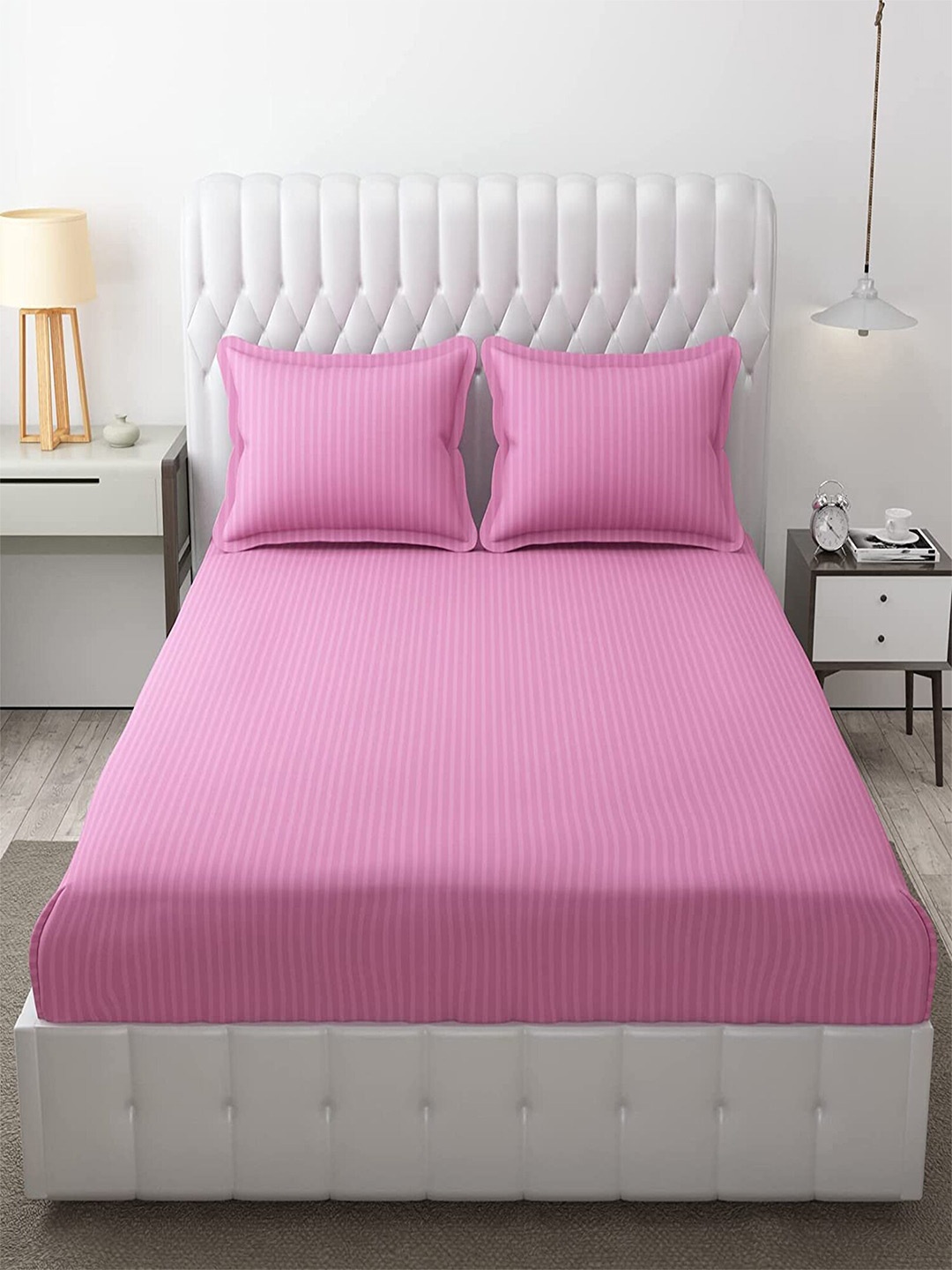 

Hammer Home Microfiber Striped Fitted 1 Bedsheet with 2 Pillow cover, Pink