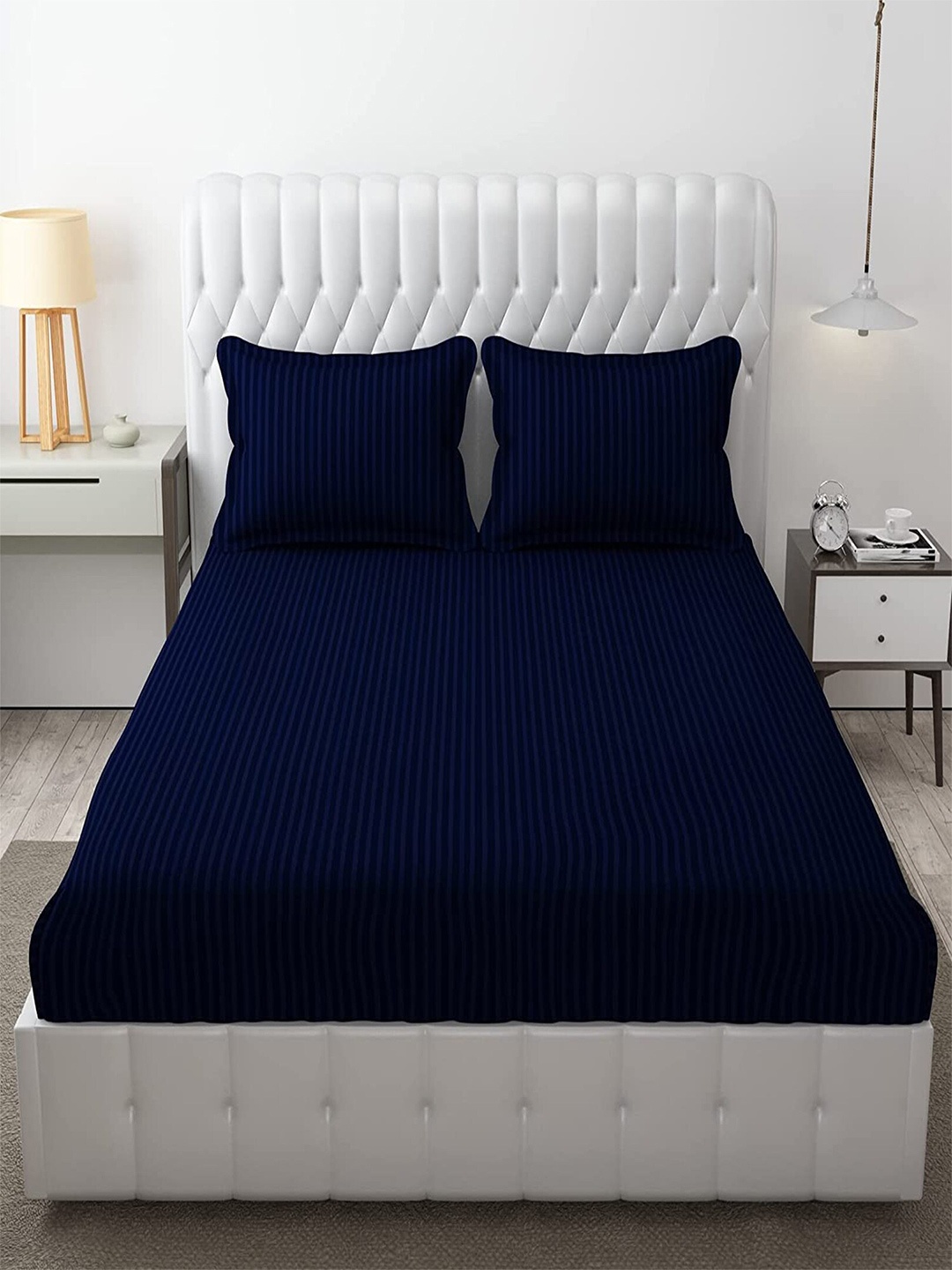 

Hammer Home Navy Blue Striped 200 TC Fitted King Bedsheet with 2 Pillow Covers