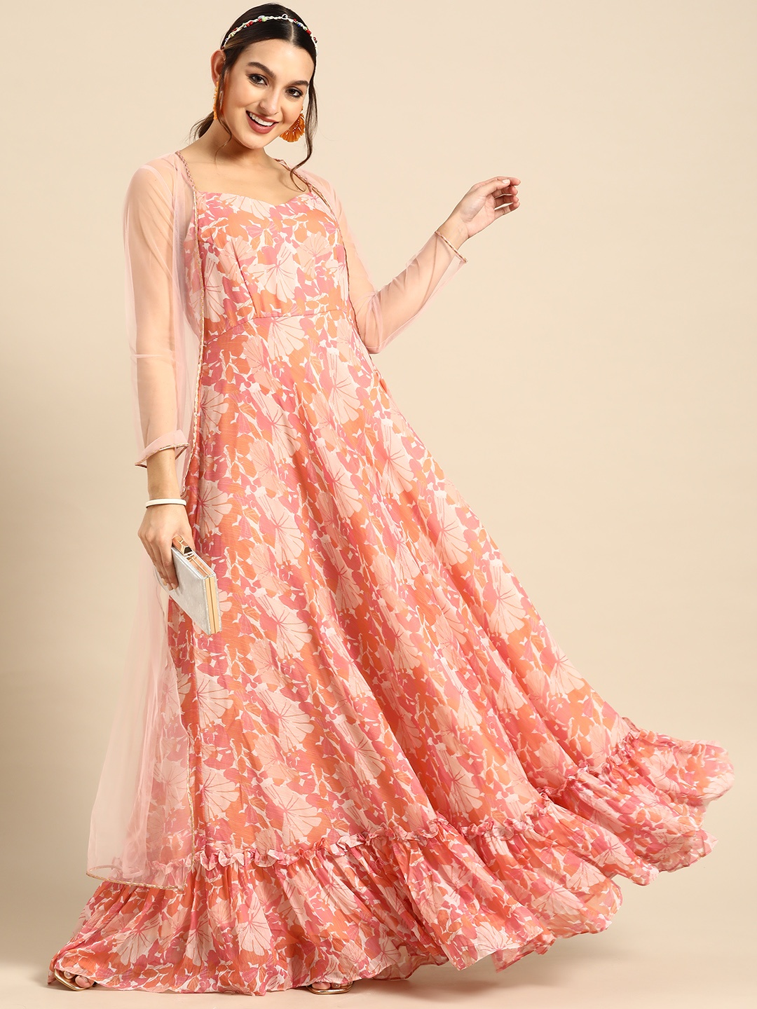 

Sangria Floral Print Georgette Maxi Dress With Jacket, Peach