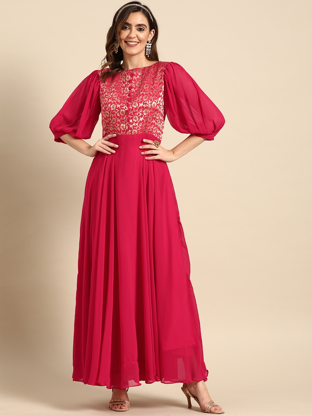 

Sangria Ethnic Motifs Embroidered Georgette Maxi Dress, Magenta