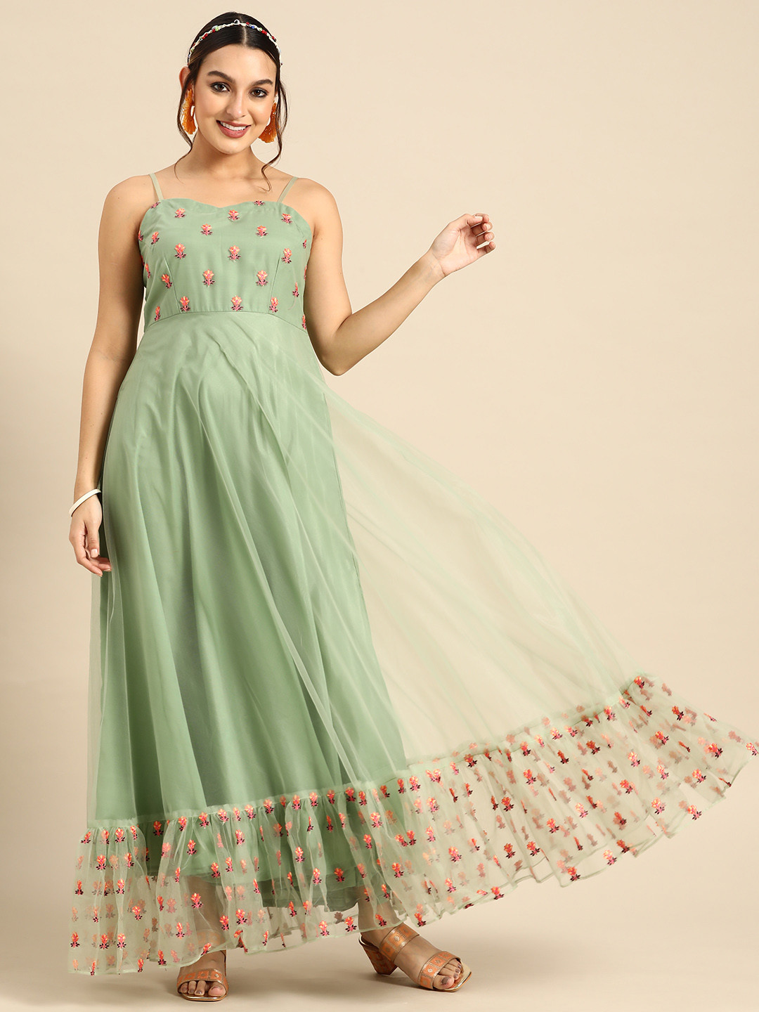 

Sangria Floral Embroidered Net Maxi Ethnic Dress, Green