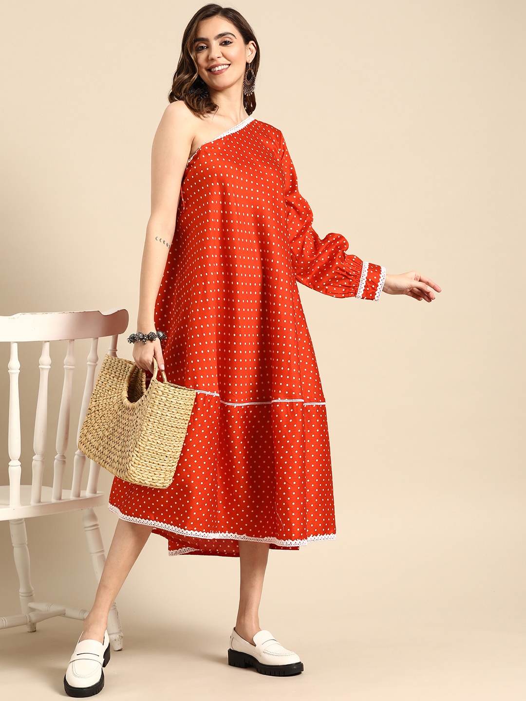 

Sangria Polka Dots Printed One Shoulder Ethnic Party Dress, Rust