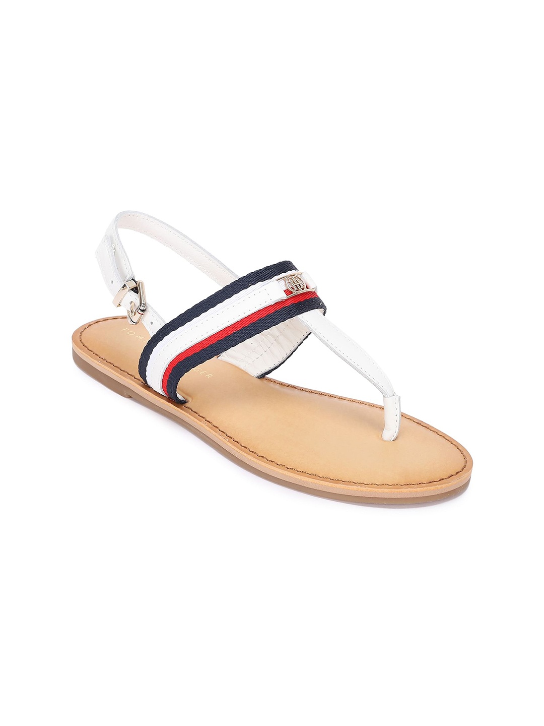 

Tommy Hilfiger Women Striped T-Strap Flats, Beige