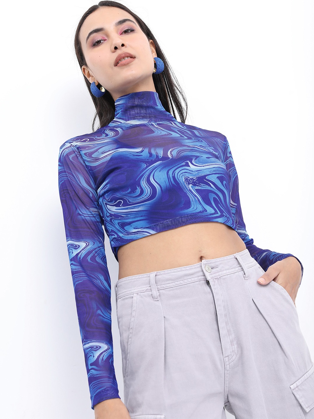

KETCH Abstract Printed Full Sleeves Crop Top, Blue