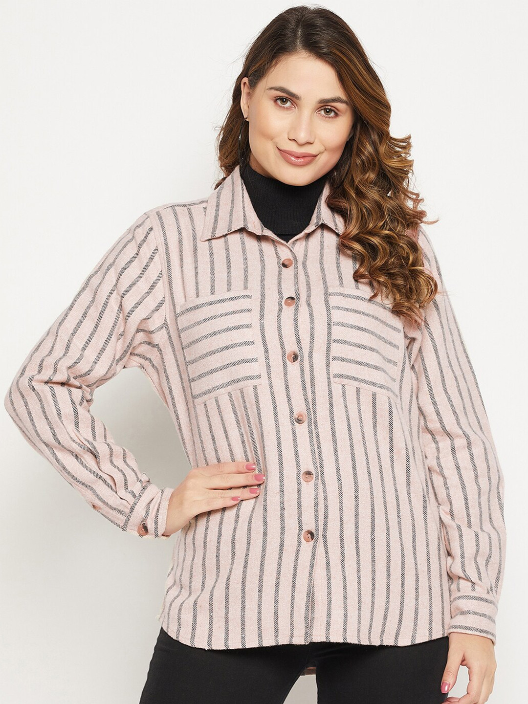 

Bitterlime Women Relaxed Striped Casual Shirt, Beige