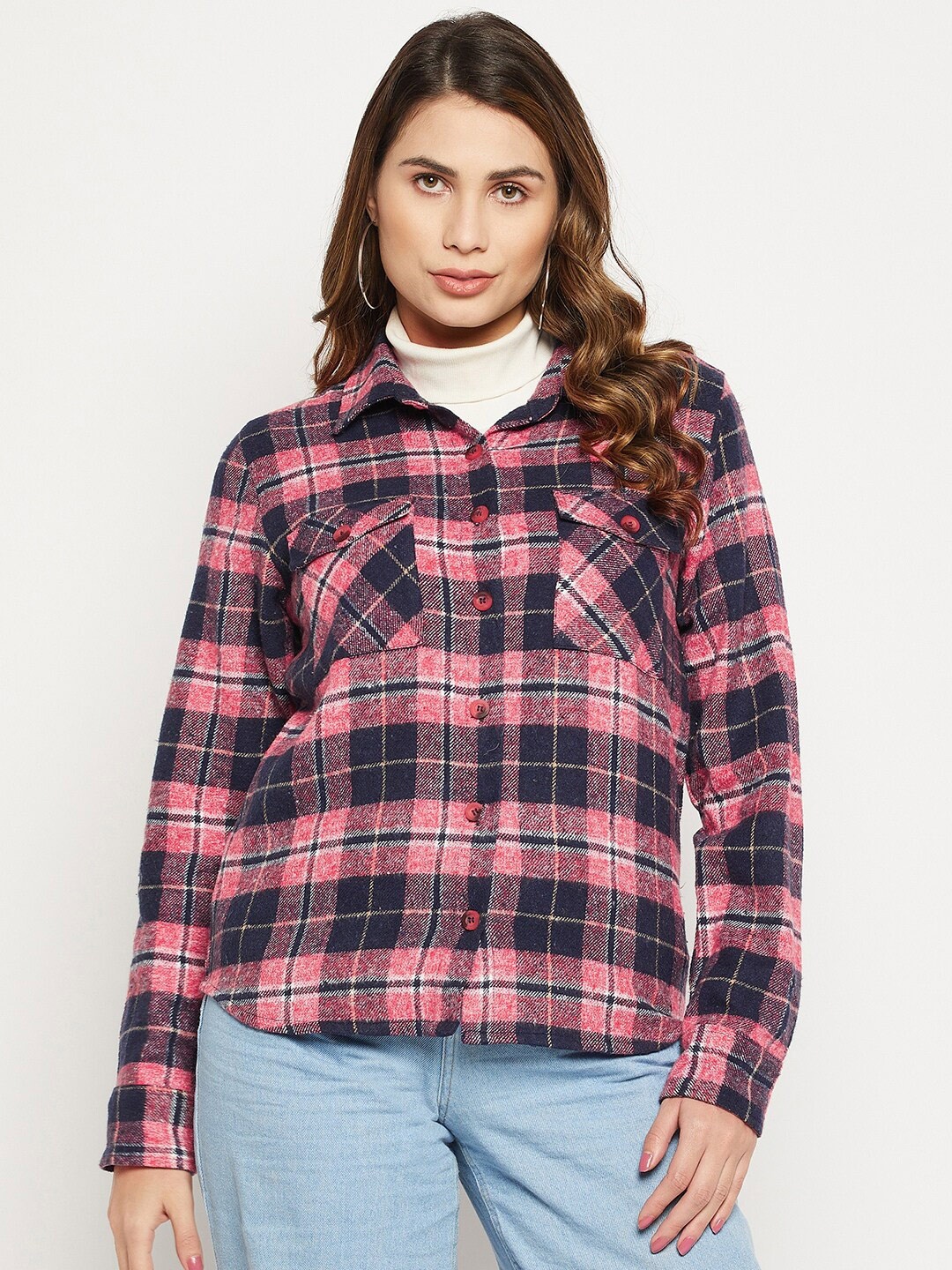

Bitterlime Women Relaxed Tartan Checks Checked Cotton Casual Shirt, Pink