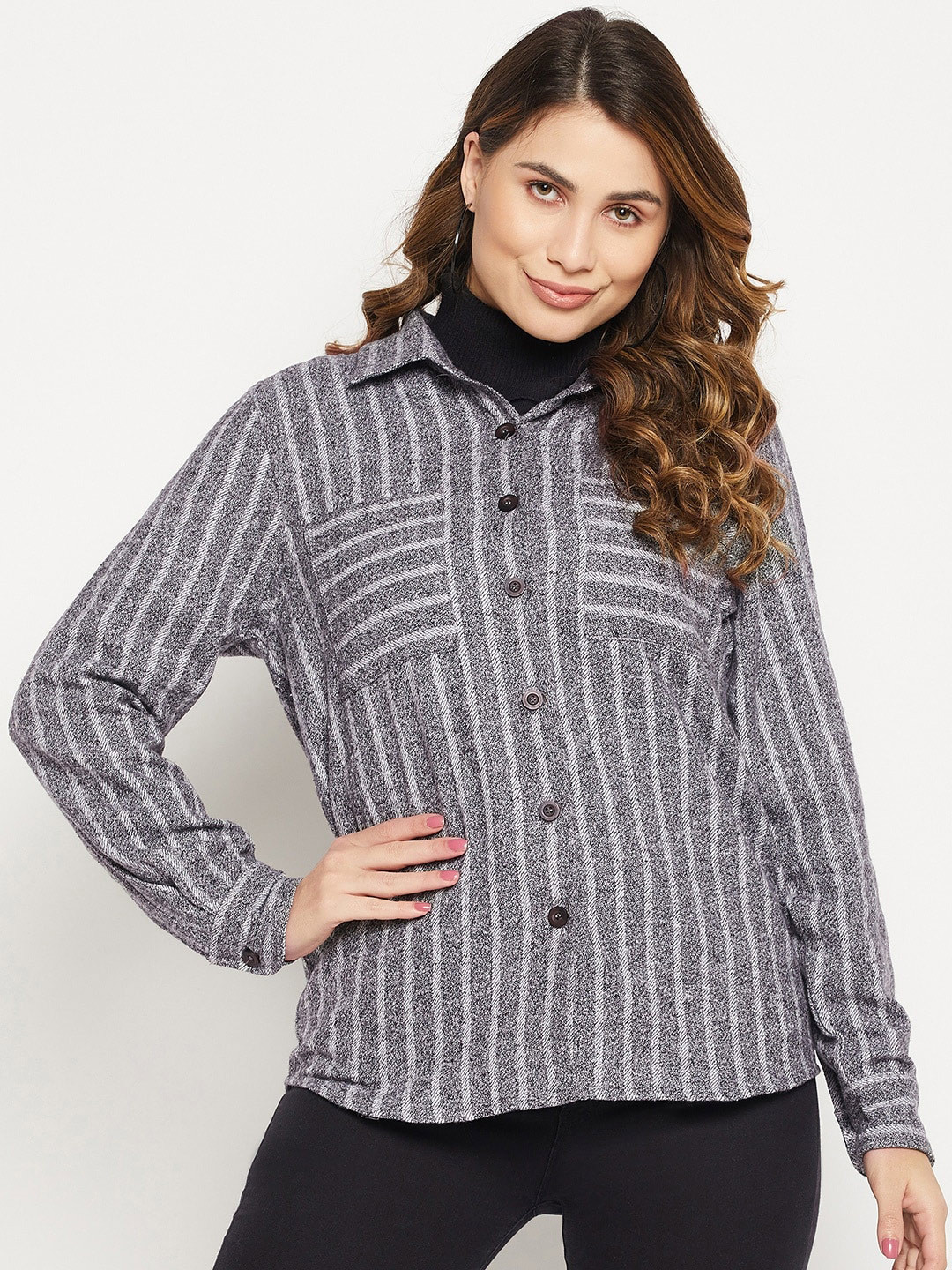 

Bitterlime Women Striped Cotton Casual Shirt, Grey