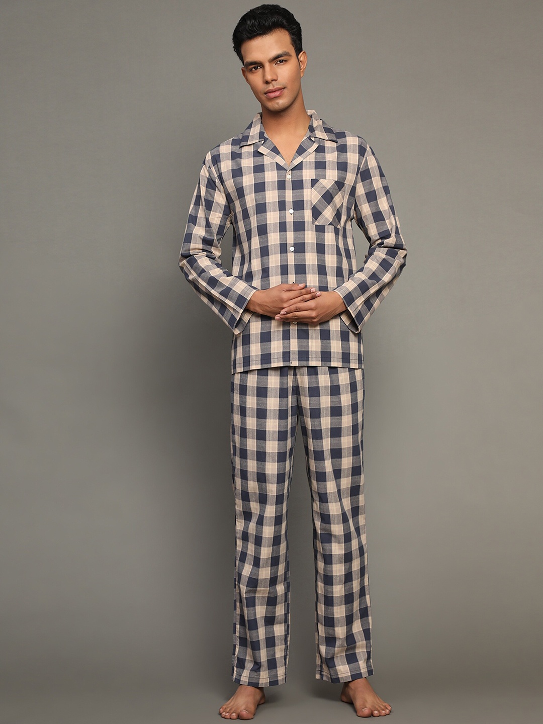 

BStories Men Checked Printed Pure Cotton Night suit, Navy blue