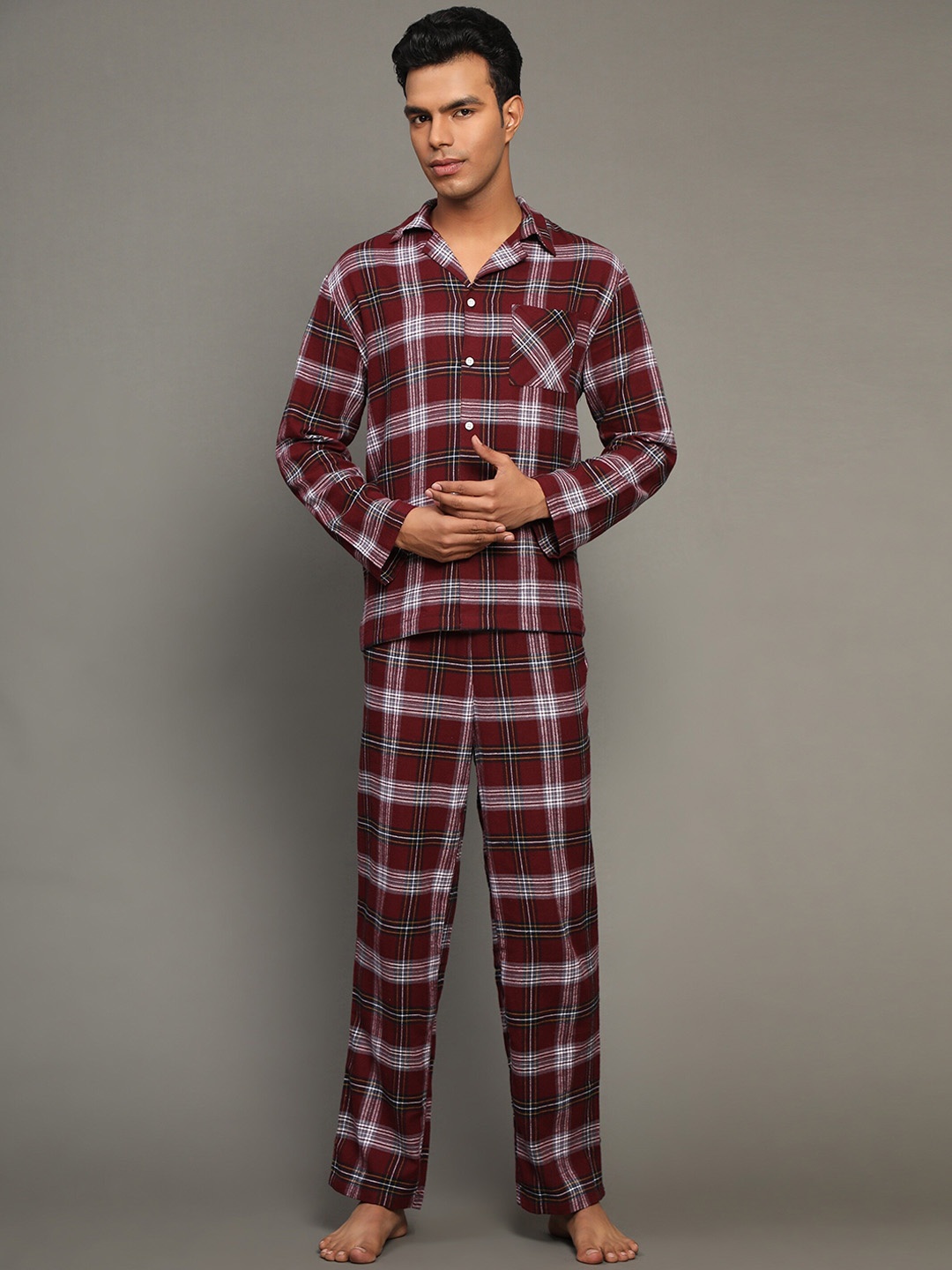 

BStories Men Checked Printed Pure Cotton Night suit, Burgundy