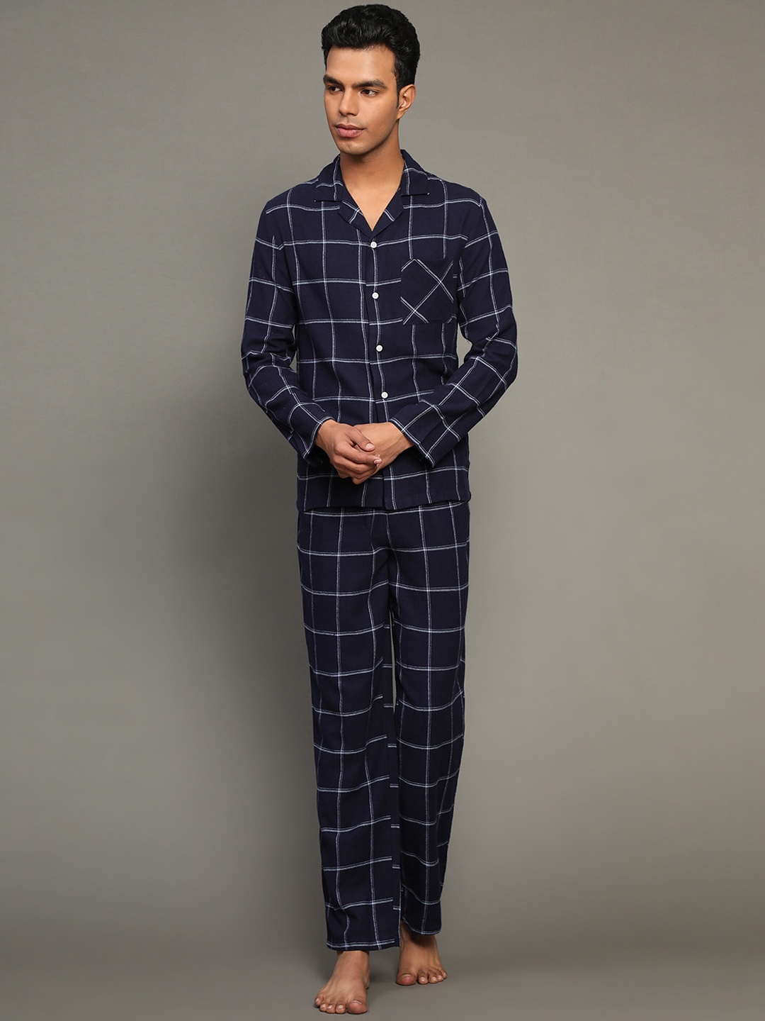 

BStories Men Checked Printed Pure Cotton Night suit, Navy blue