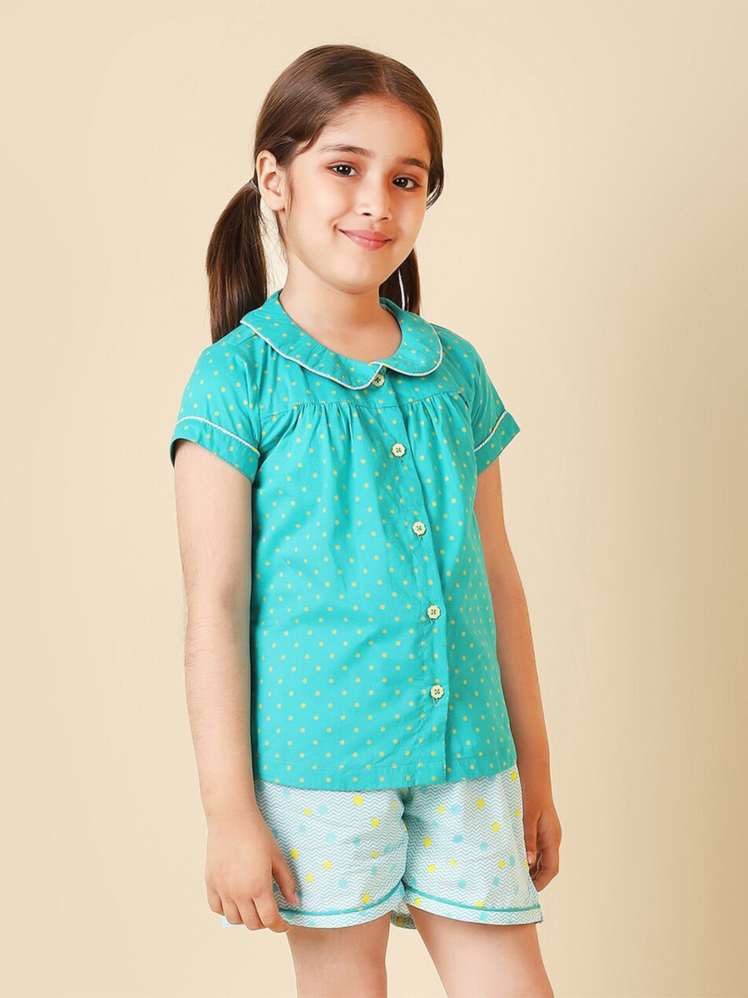 

Fabindia Girls Printed Cotton Shirt with Shorts, Teal
