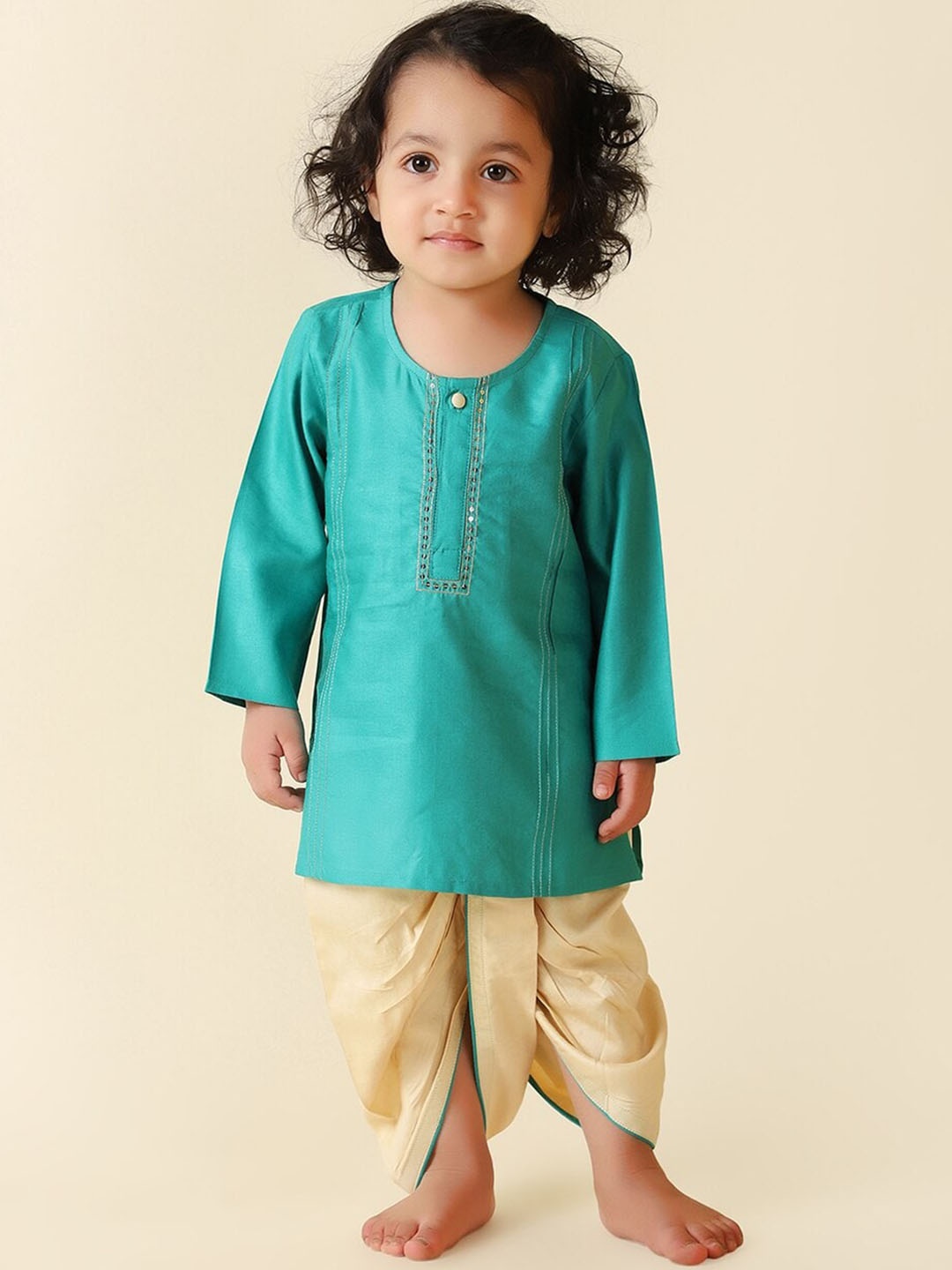

Fabindia Boys Sequinned Kurta with Dhoti Pants, Turquoise blue