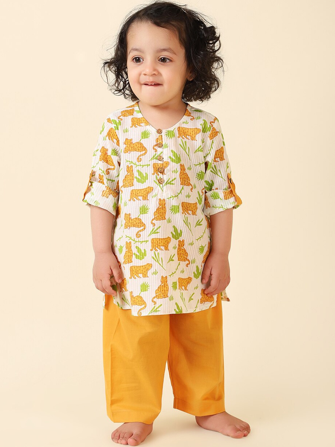 

Fabindia Boys Quirky Printed Pure Cotton Kurta with Pyjamas, Mustard