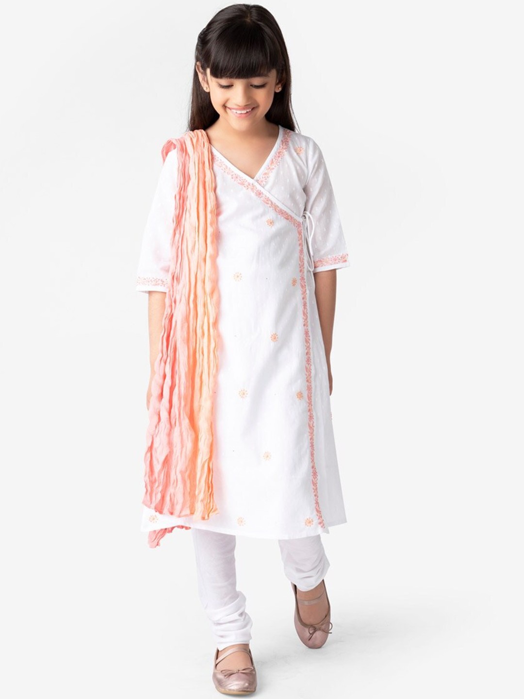 

Fabindia Girls Floral Embroidered Angrakha Pure Cotton Kurta with Churidar & Dupatta, White