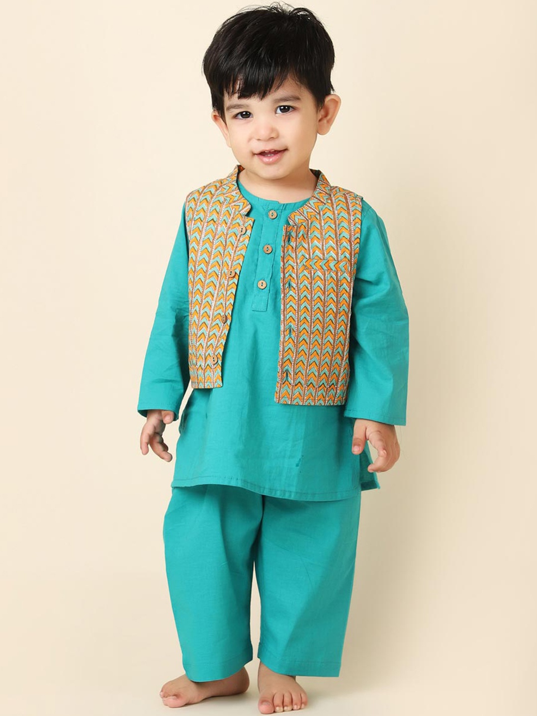 

Fabindia Boys Pure Cotton Kurta with Pyjamas & Nehru Jacket, Turquoise blue