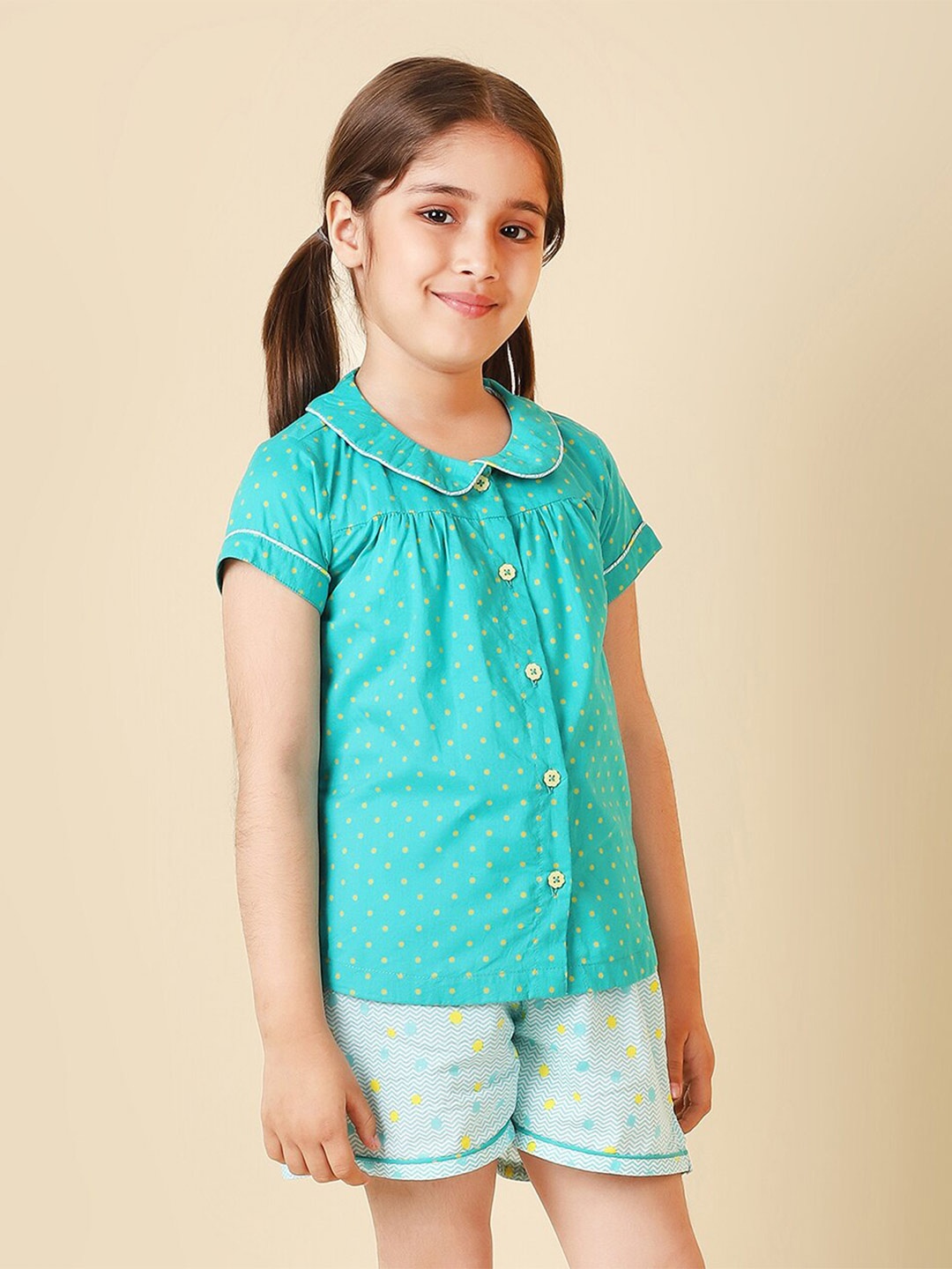 

Fabindia Girls Printed Cotton Shirt with Shorts, Teal