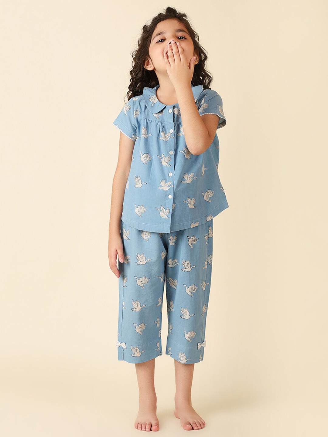 

Fabindia Girls Printed Cotton Shirt with Pyjamas, Blue