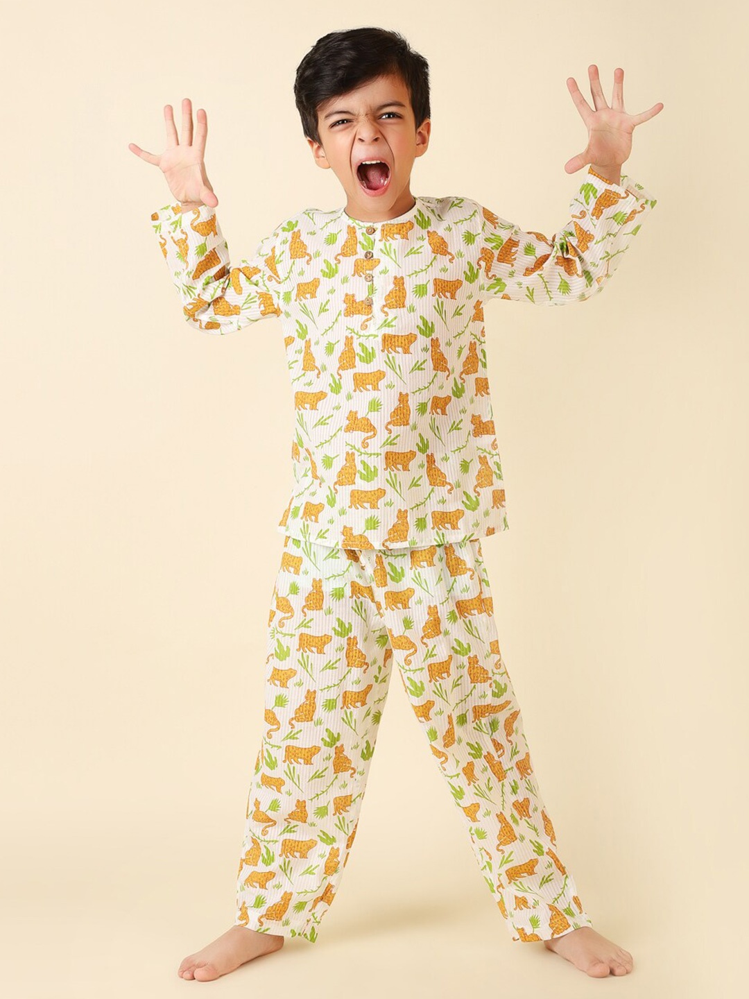 

Fabindia Boys Printed Pure Cotton Top with Pyjamas, Yellow