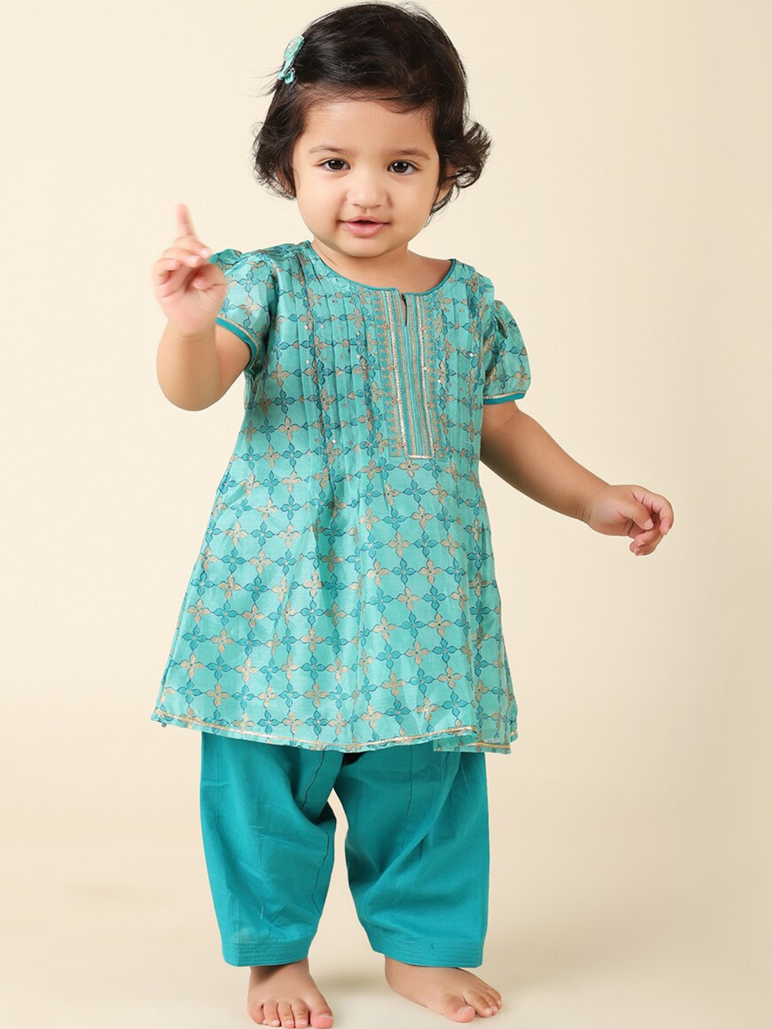 

Fabindia Girls Ethnic Motifs Printed Round Neck Kurta with Salwar, Turquoise blue