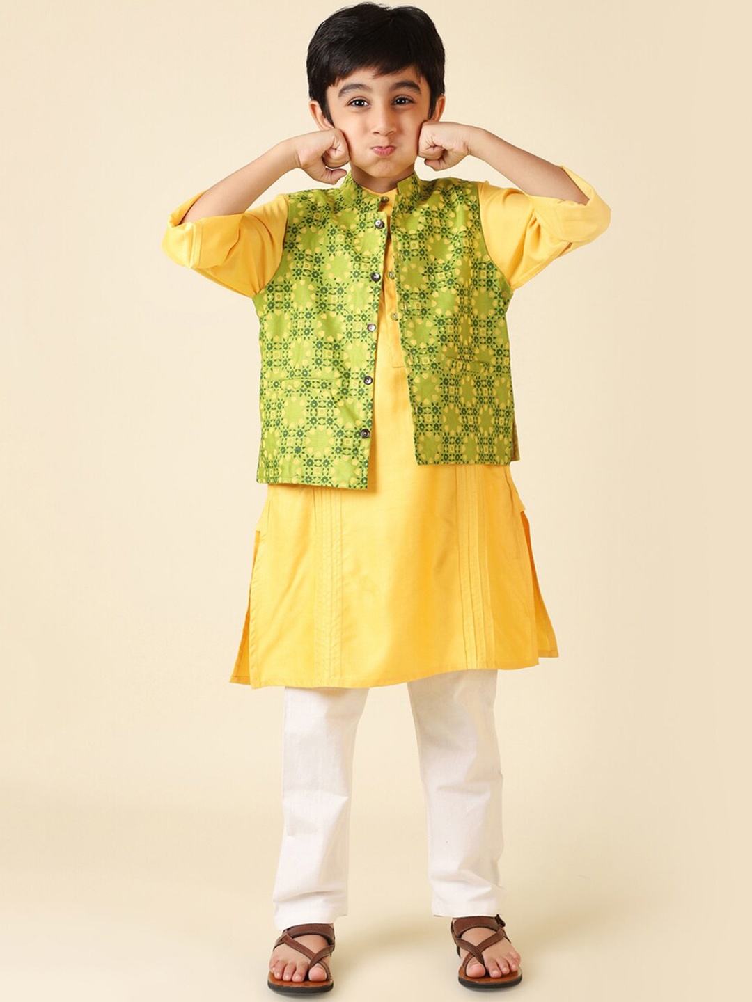 

Fabindia Boys Mandarin Collar Kurta with Pyjamas With Nehru Jacket, Yellow