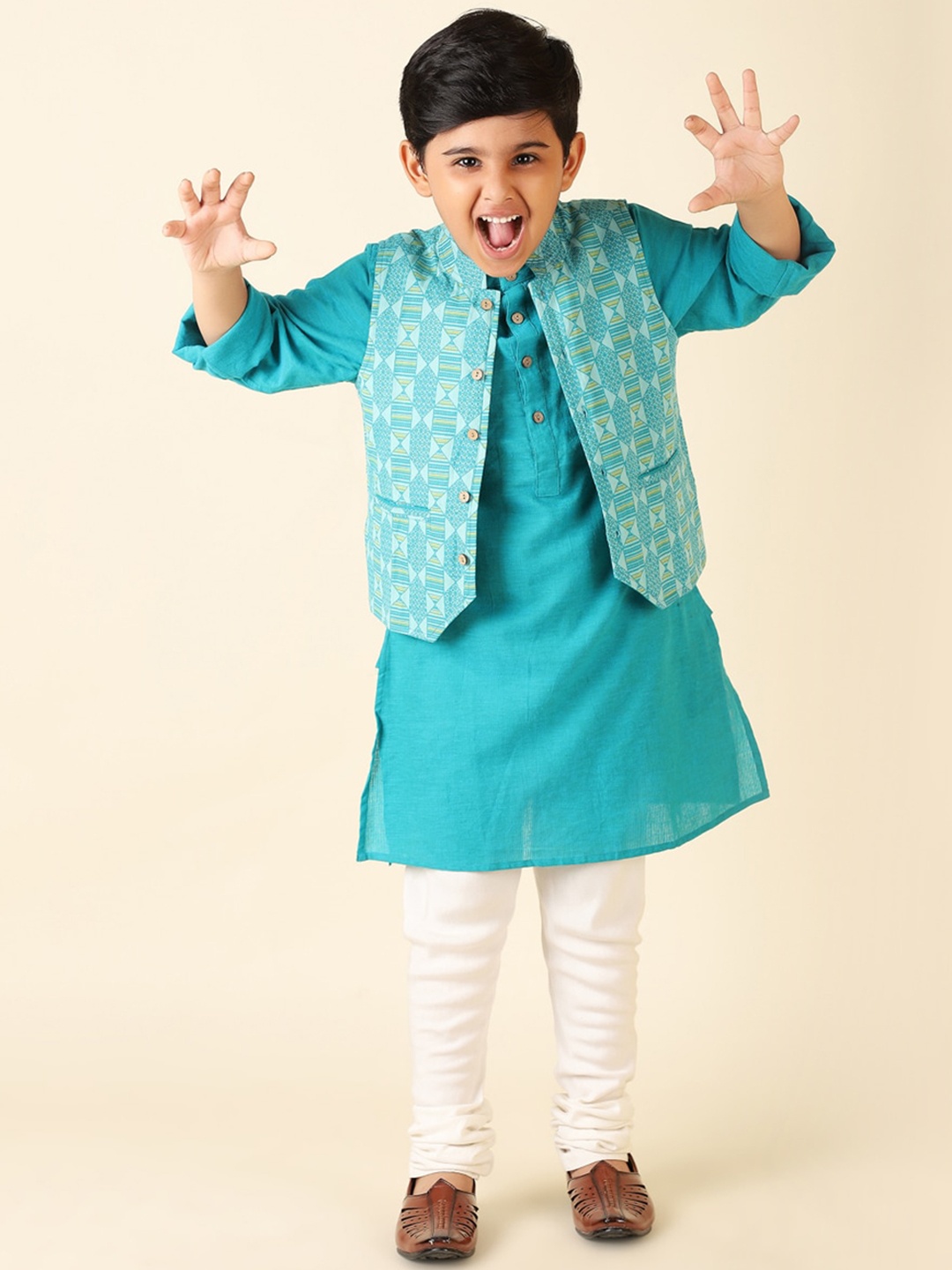 

Fabindia Boys Printed Pure Cotton Kurta with Churidar & Nehru Jacket, Green