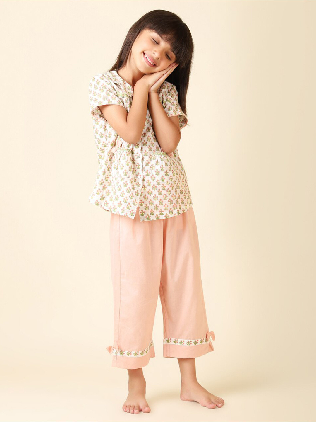 

Fabindia Girls Printed Cotton Shirt with Pyjamas, Off white