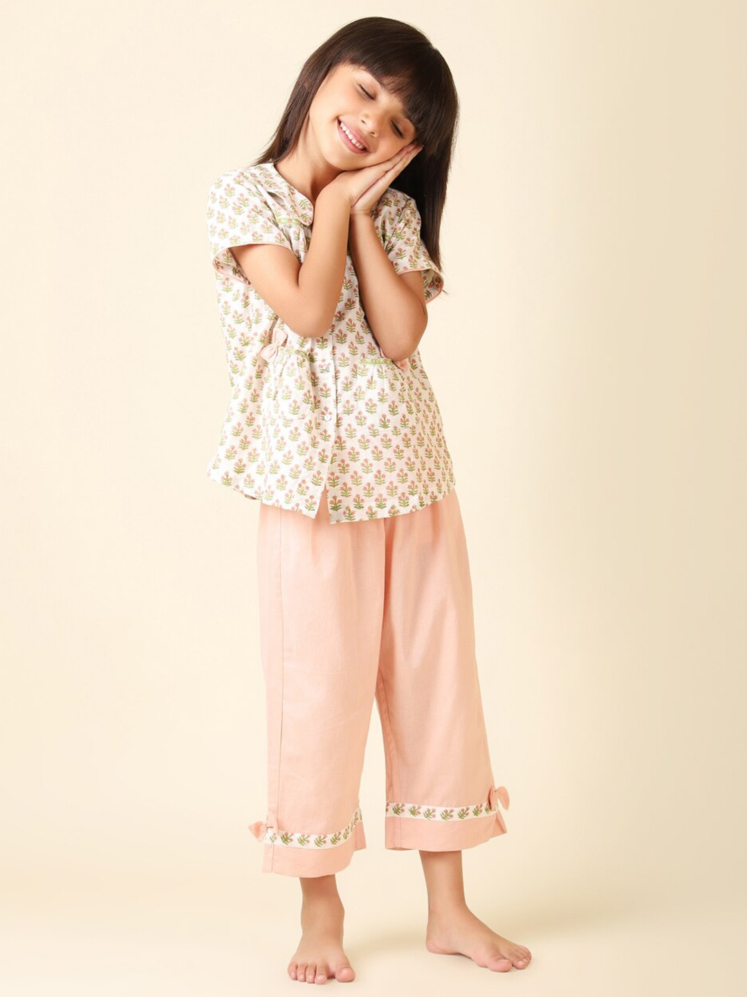 

Fabindia Girls Printed Cotton Shirt with Pyjamas, Off white