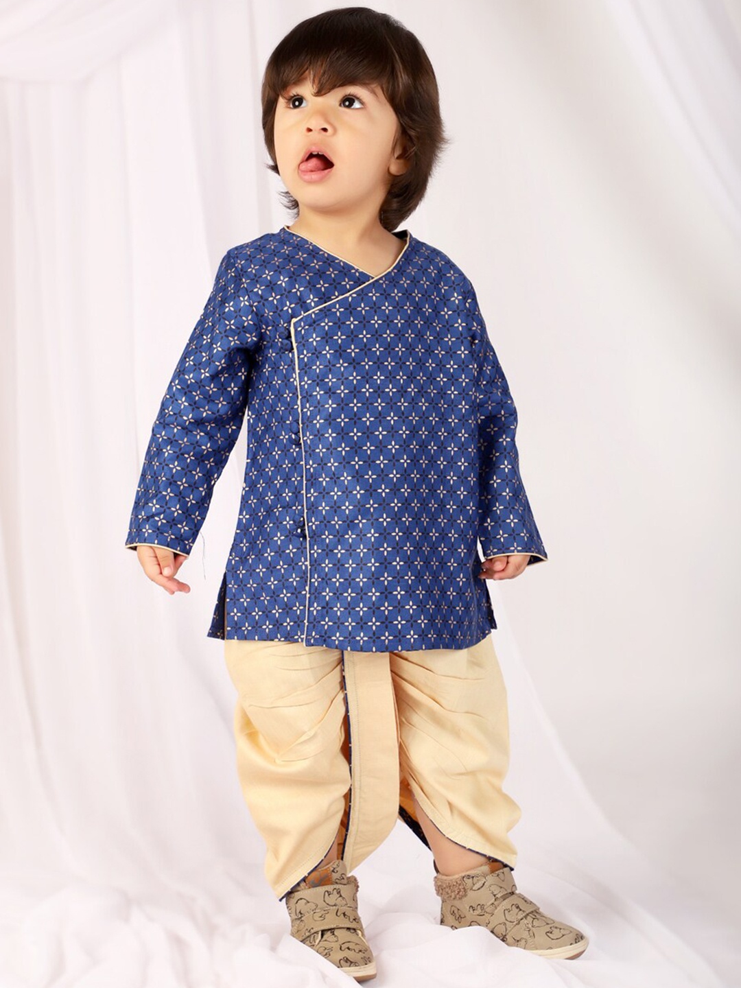 

Fabindia Boys Ethnic Motifs Printed Angrakha Kurti With Dhoti Pants, Blue