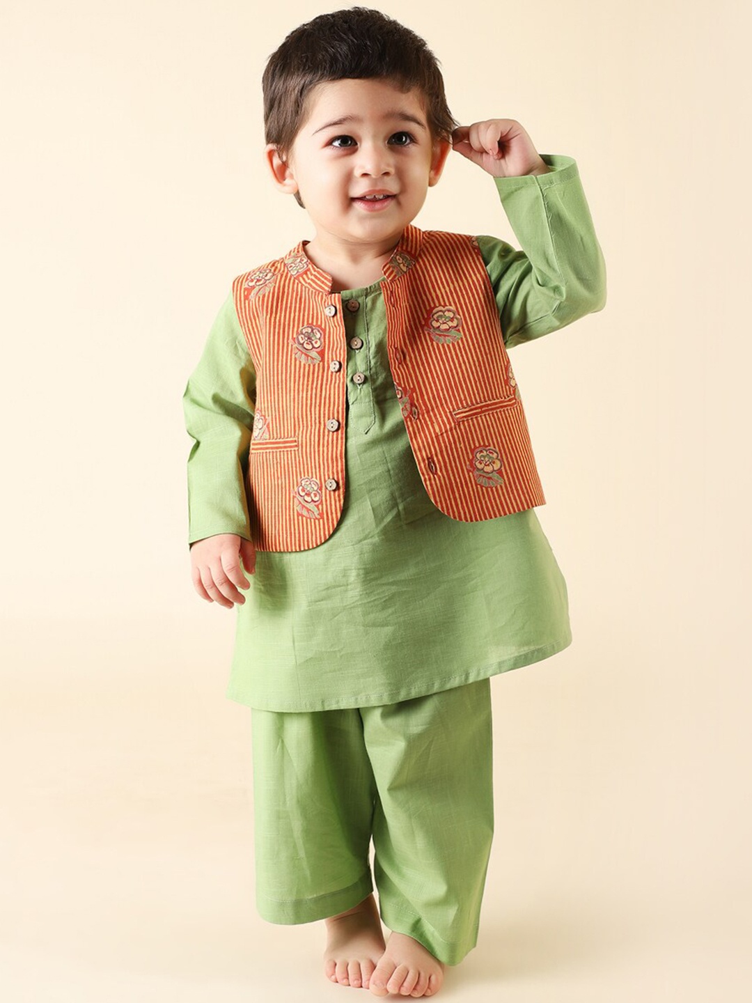 

Fabindia Infants Boys Printed Pure Cotton Kurta With Pyjamas, Green