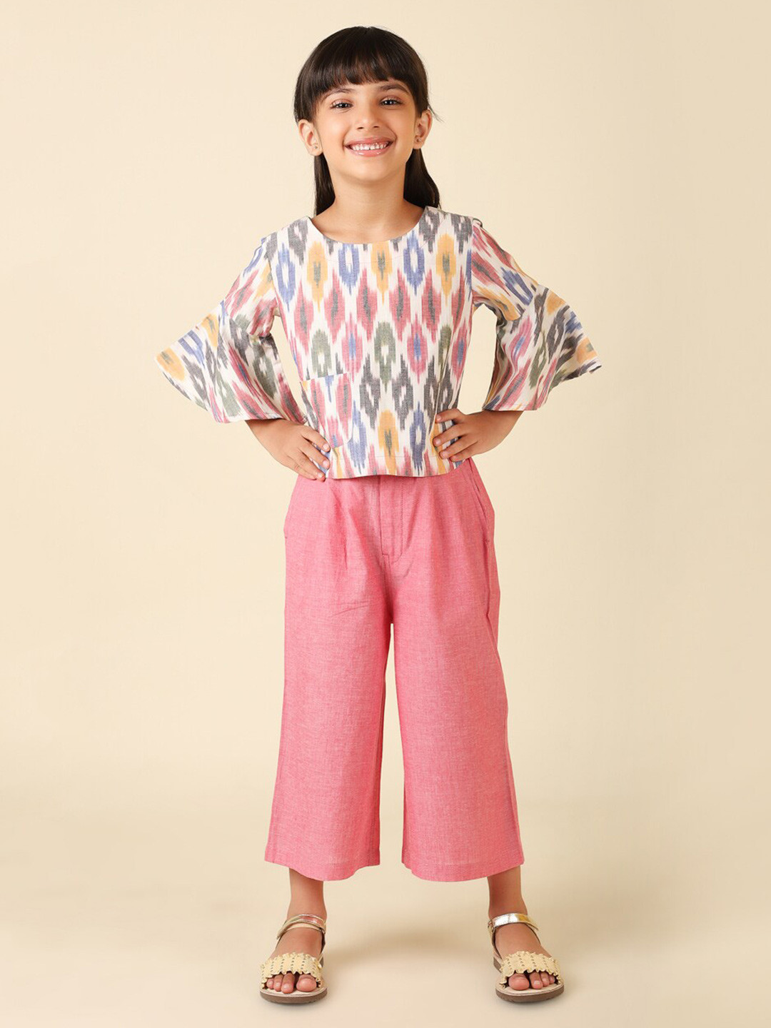 

Fabindia Girls Printed Pure Cotton Top with Trousers, Pink