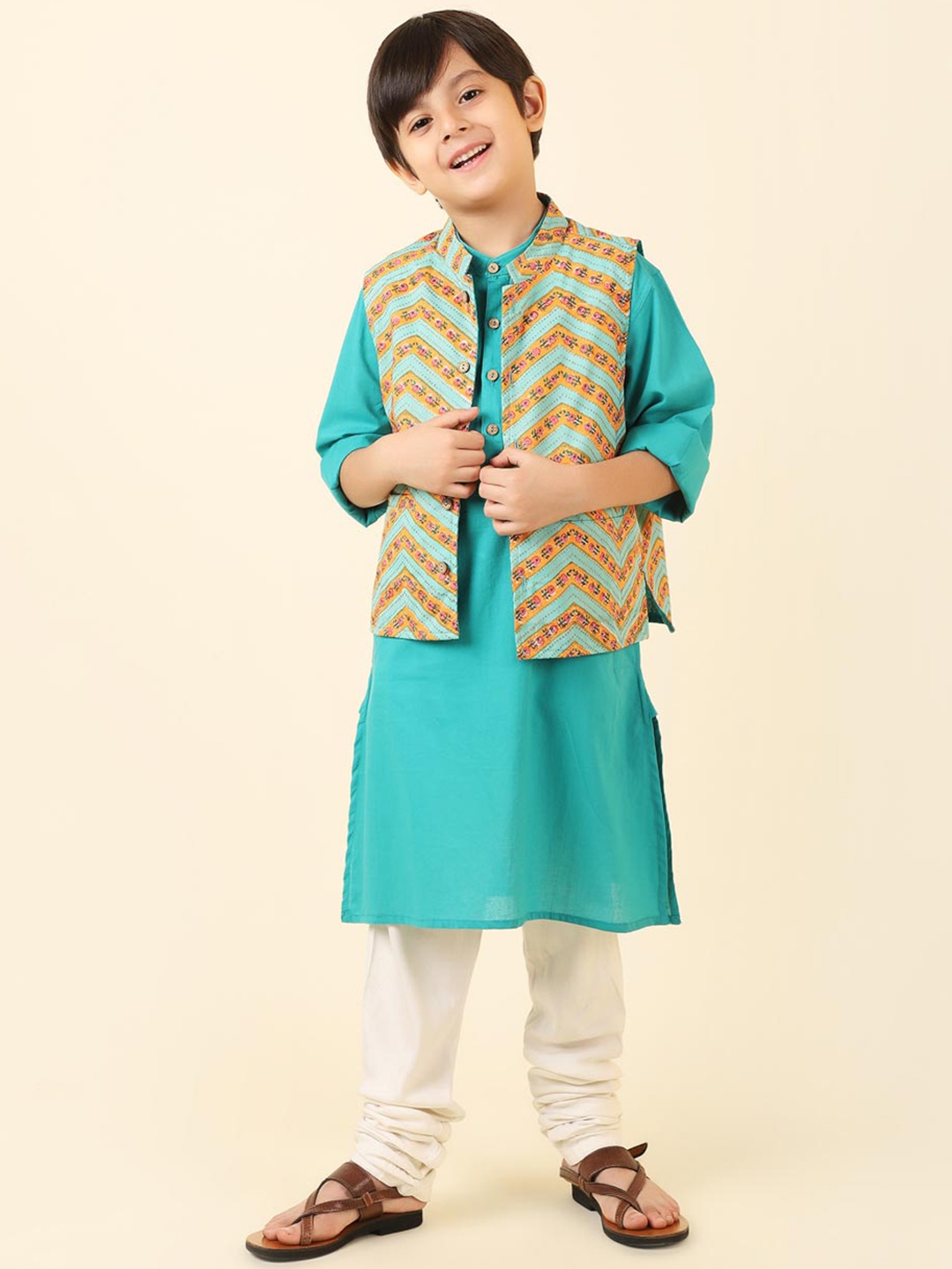 

Fabindia Boys Printed Pure Cotton Kurta with Churidar, Green