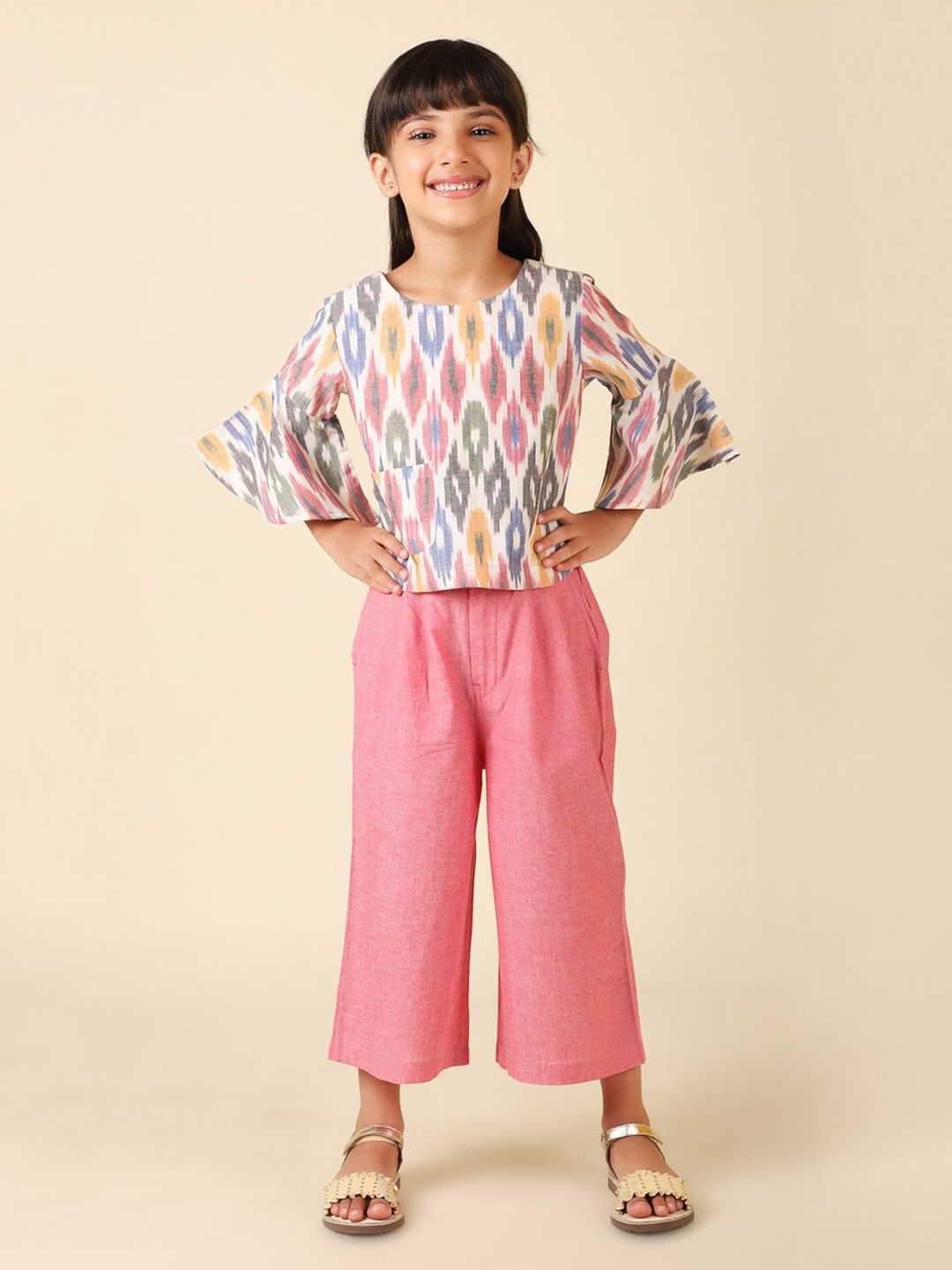 

Fabindia Girls Printed Top with Trousers, Peach