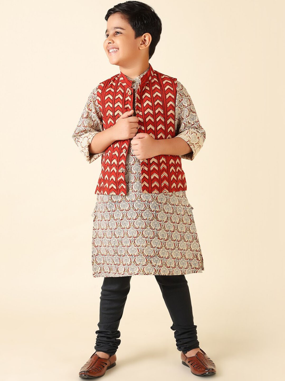 

Fabindia Boys Ethnic Motifs Printed Pure Cotton Kurta with Churidar, Beige