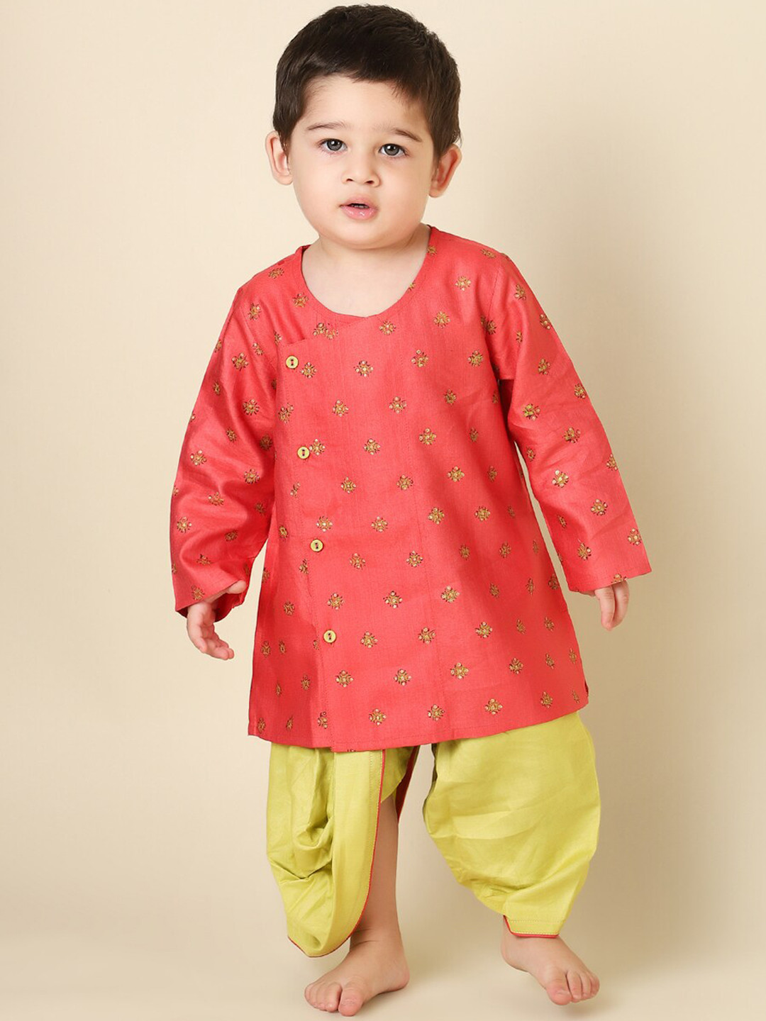 

Fabindia Boys Floral Printed Angrakha Kurta With Dhoti Pants, Coral