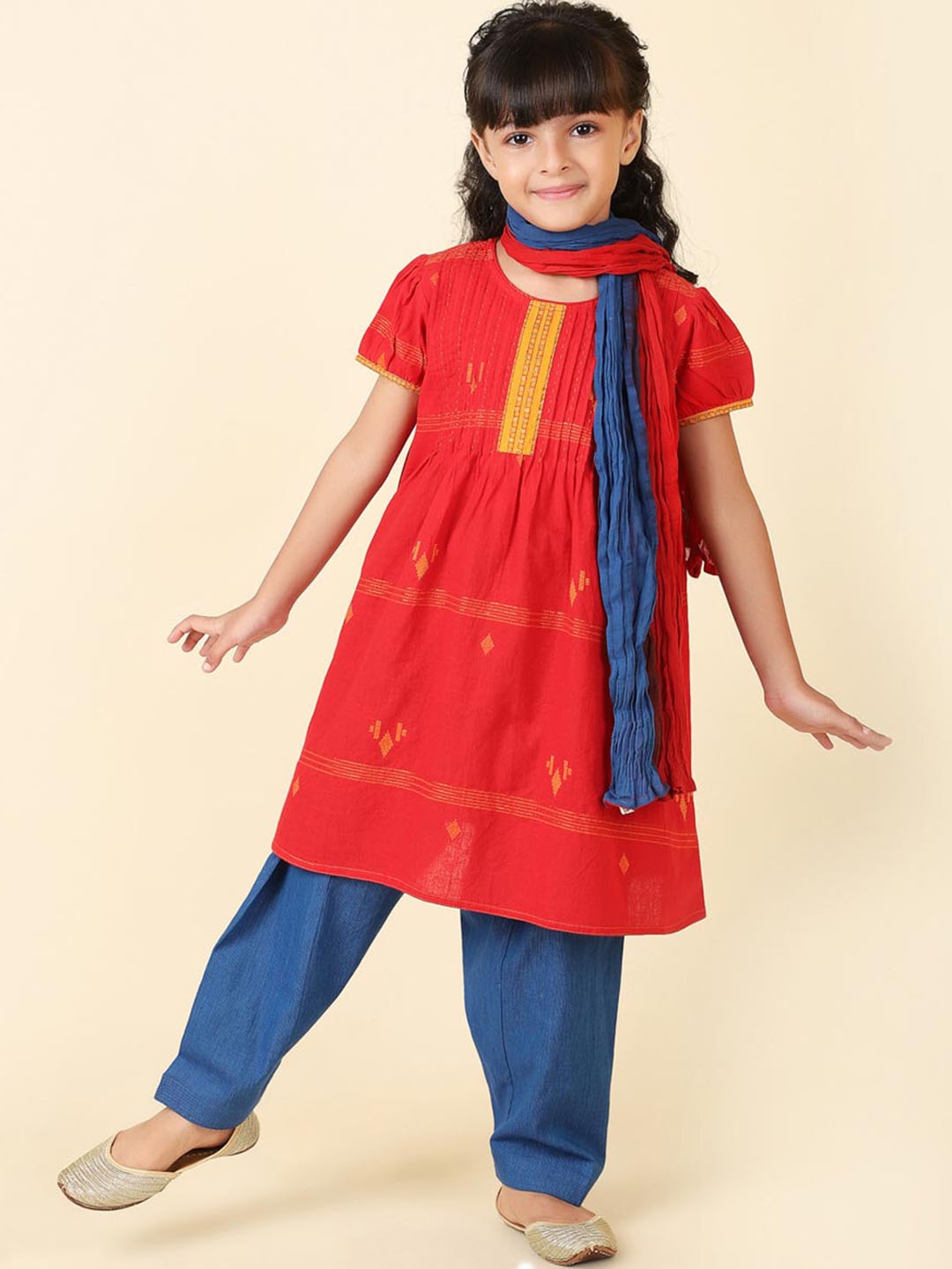 

Fabindia Girls Ethnic Motifs Cotton Kurta with Salwar & With Dupatta, Red