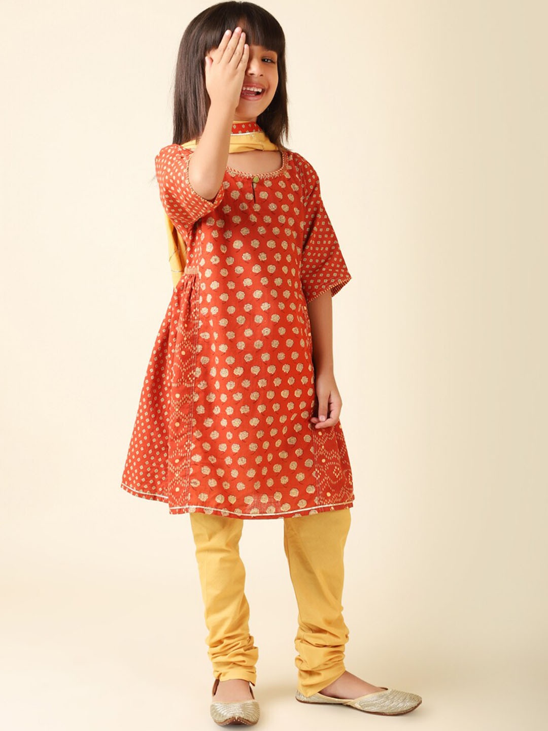 

Fabindia Girls Floral Printed Pure Cotton Kurta with Churidar & With Dupatta, Rust