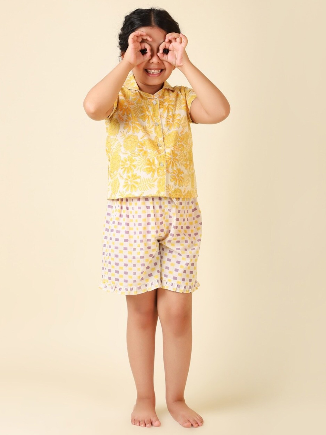 

Fabindia Girls Printed Pure Cotton Top with Shorts, Yellow