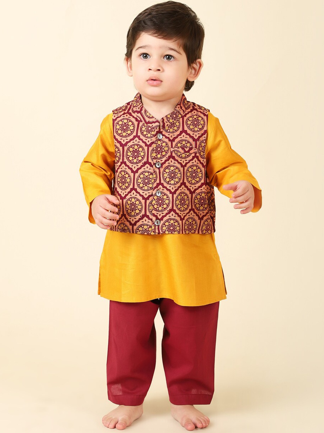 

Fabindia Boys Solid Kurta with Pyjamas & Nehru Jacket, Yellow