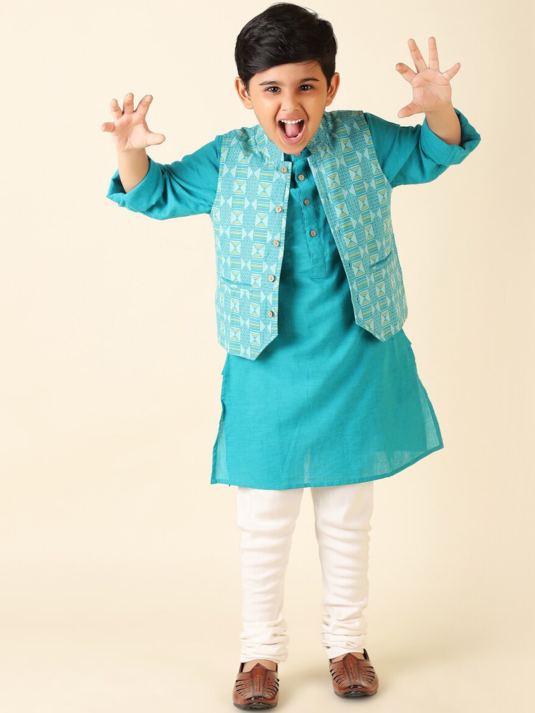 

Fabindia Boys Pure Cotton Kurta with Churidar & Nehru Jacket, Turquoise blue