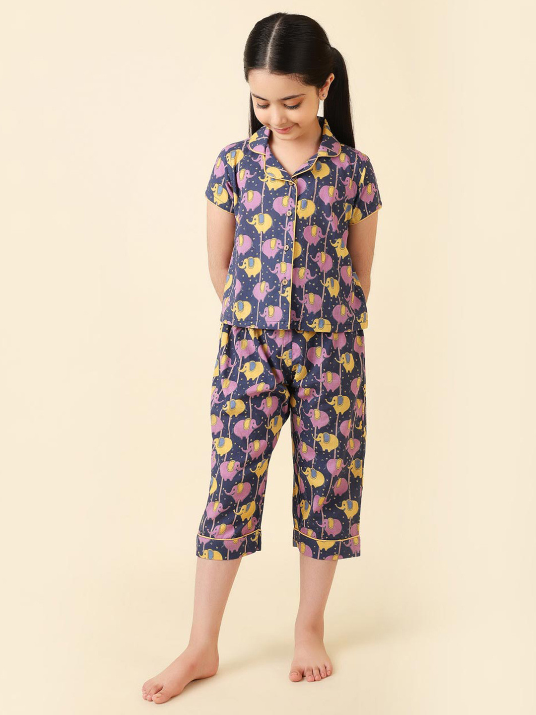 

Fabindia Girls Printed Pure Cotton Top with Pyjamas, Blue