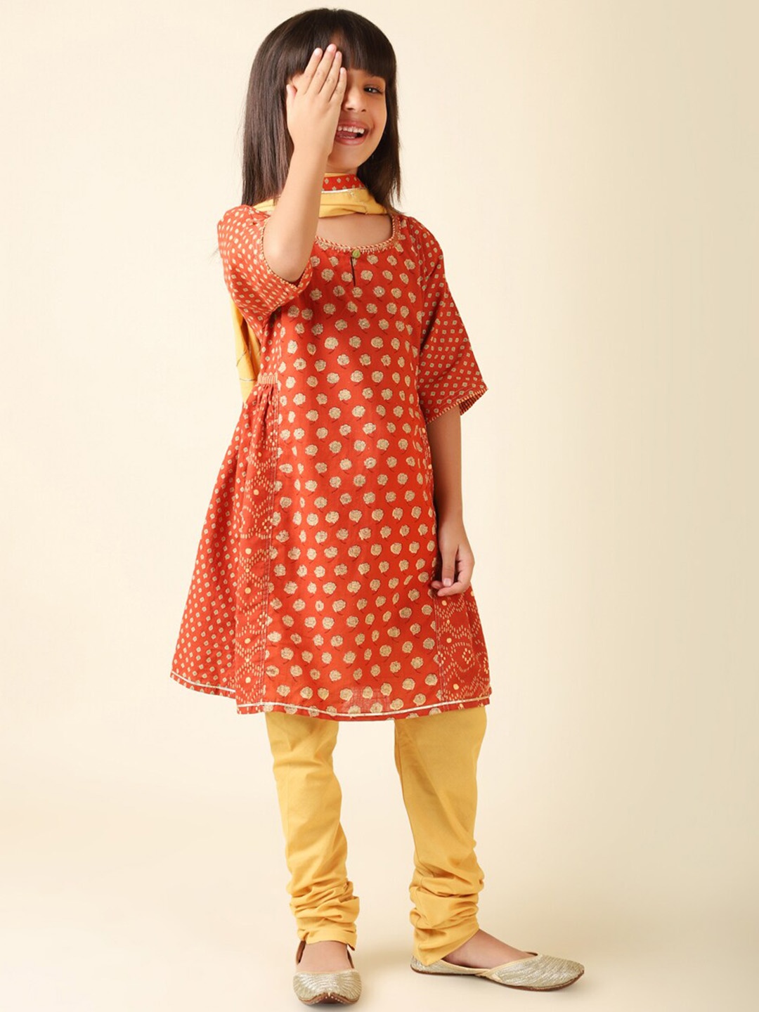 

Fabindia Girls Floral Printed Gotta Patti Pure Cotton Kurta With Churidar & Dupatta, Rust