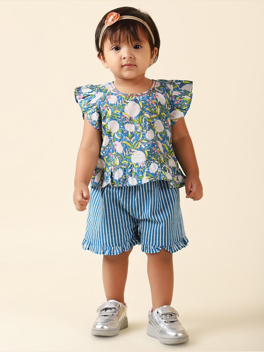 

Fabindia Kids Girls Printed Cotton Top with Shorts, Blue